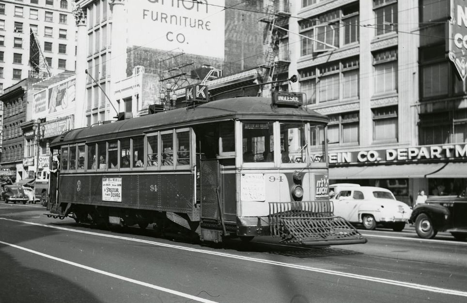 The K Ingleside Streetcar operating on Market Street, circa 1950s.