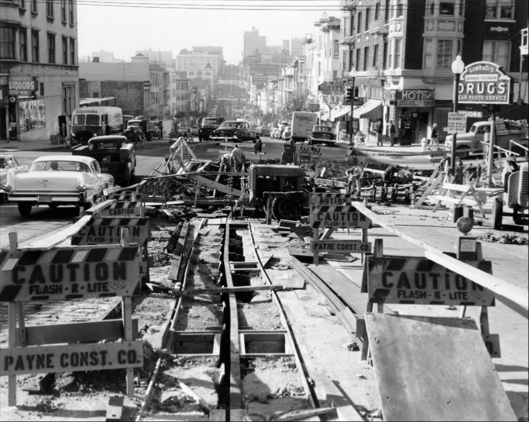 Construction at California and Hyde Street, 1957.
