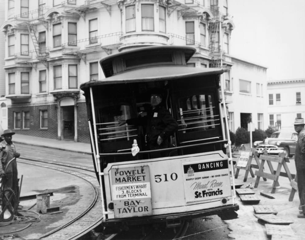 Cable car at Powell and Jackson Street, northwesterly direction, 1954.