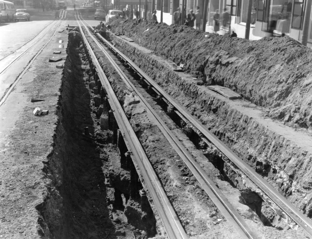 Cable car construction on Powell Street between Geary and Post, 1953.
