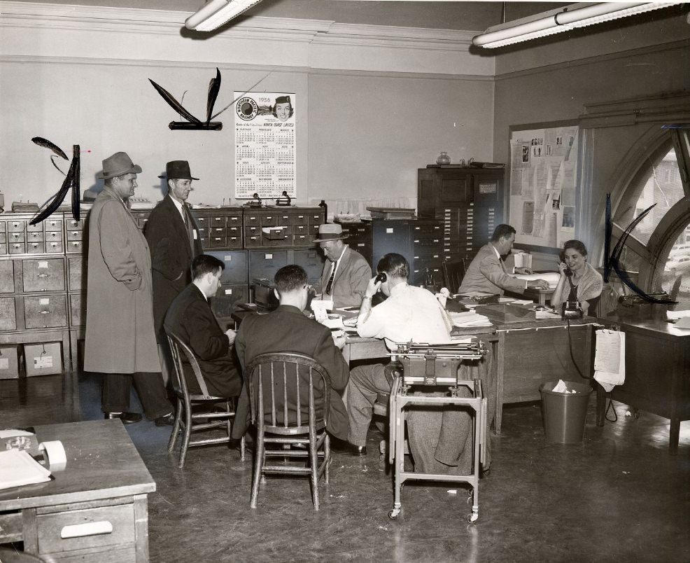 Crowded tiny office in the Old Hall of Justice, 1956.