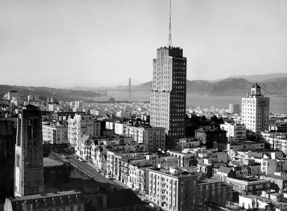 View from Top O' The Mark on Nob Hill towards the Golden Gate, 1950s