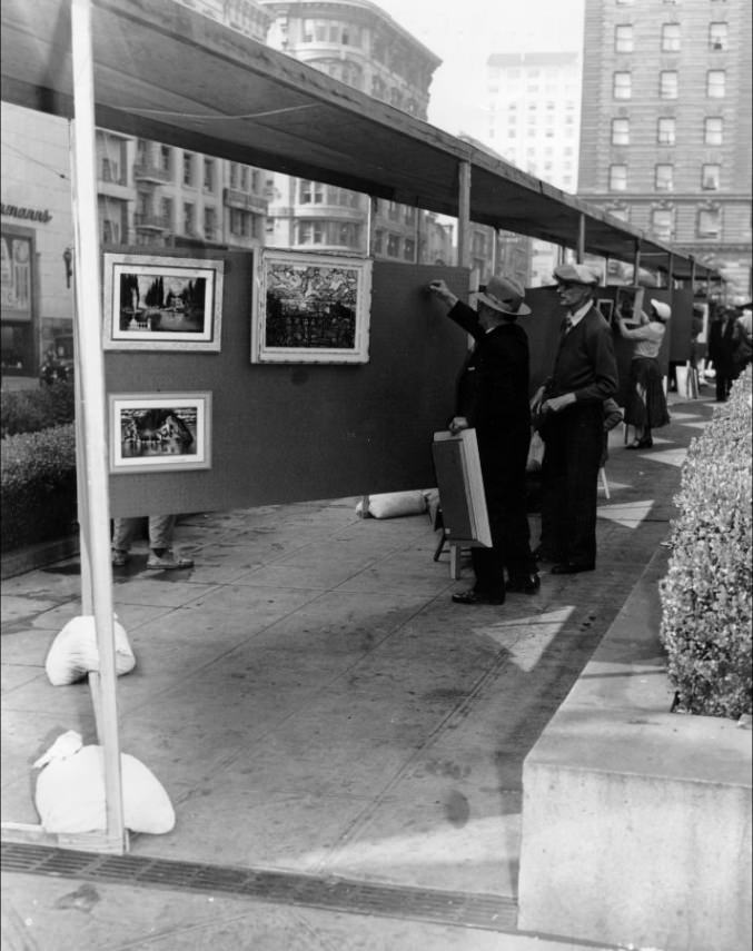 Artists preparing for the San Francisco Art Commission's Seventh Annual Art Festival in Union Square, 1953.