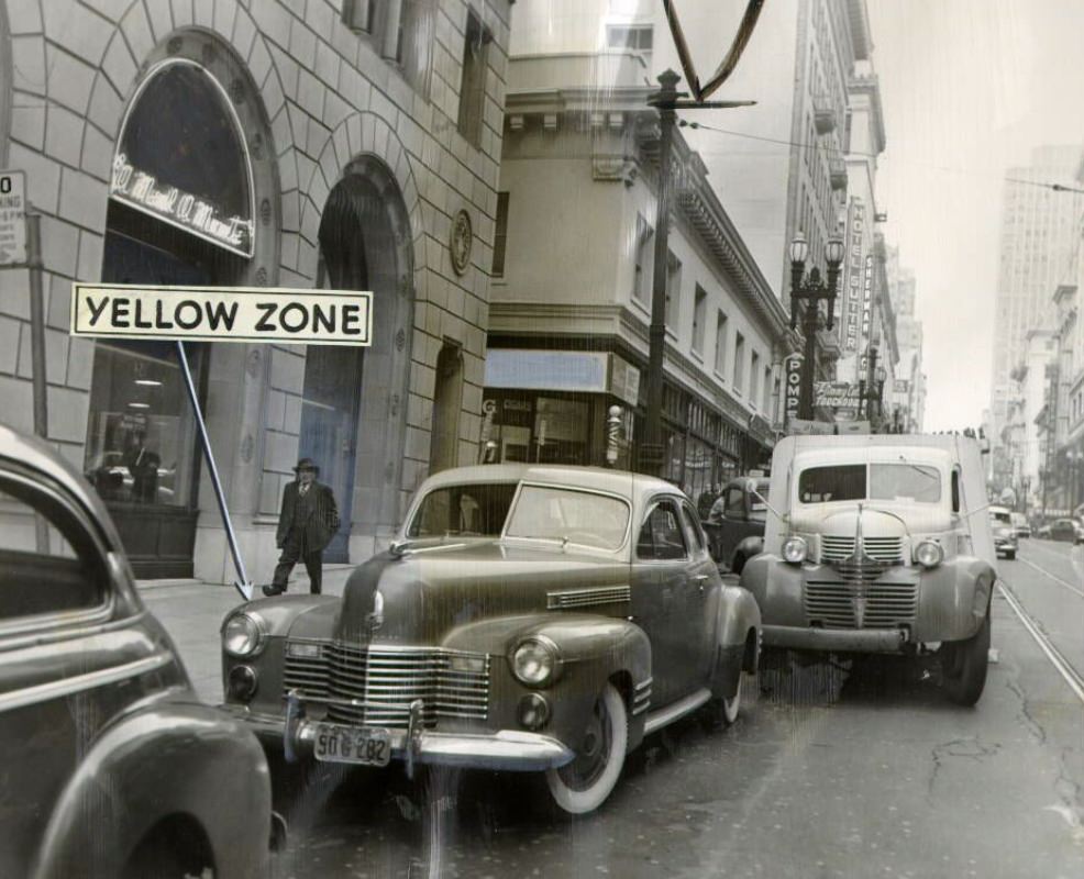 Truck parked illegally on Sutter near Montgomery Street, 1950.