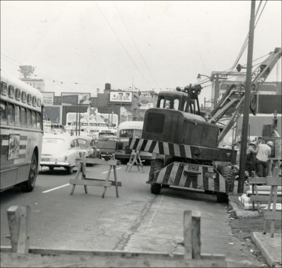 P.G.& E. workers installing equipment at 8th and Mission Streets, 1953.