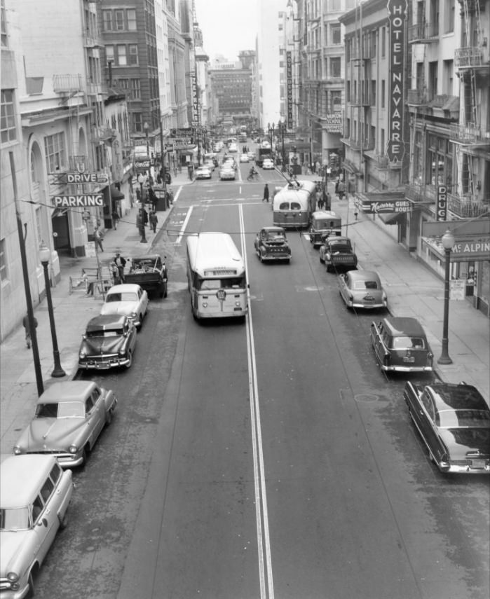 View south on Stockton Street from Bush, 1956.
