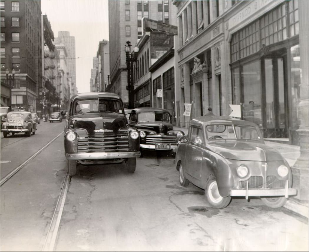 Car parked illegally on Sutter Street, 1950.