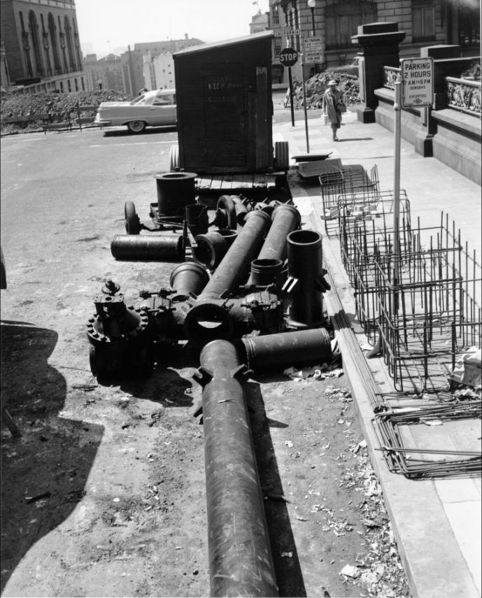 Water pipes at the intersection of Mason and California, 1957.