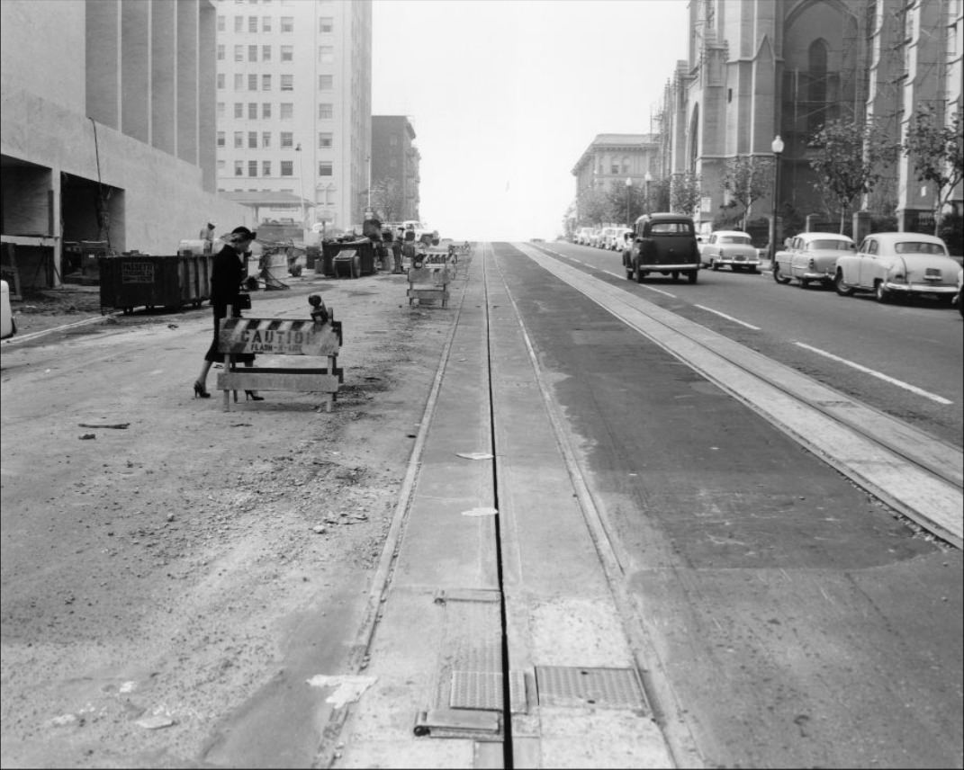 View west on California Street at Taylor, 1957.