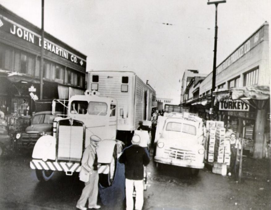 Produce delivery trucks on Washington Street, 1956.