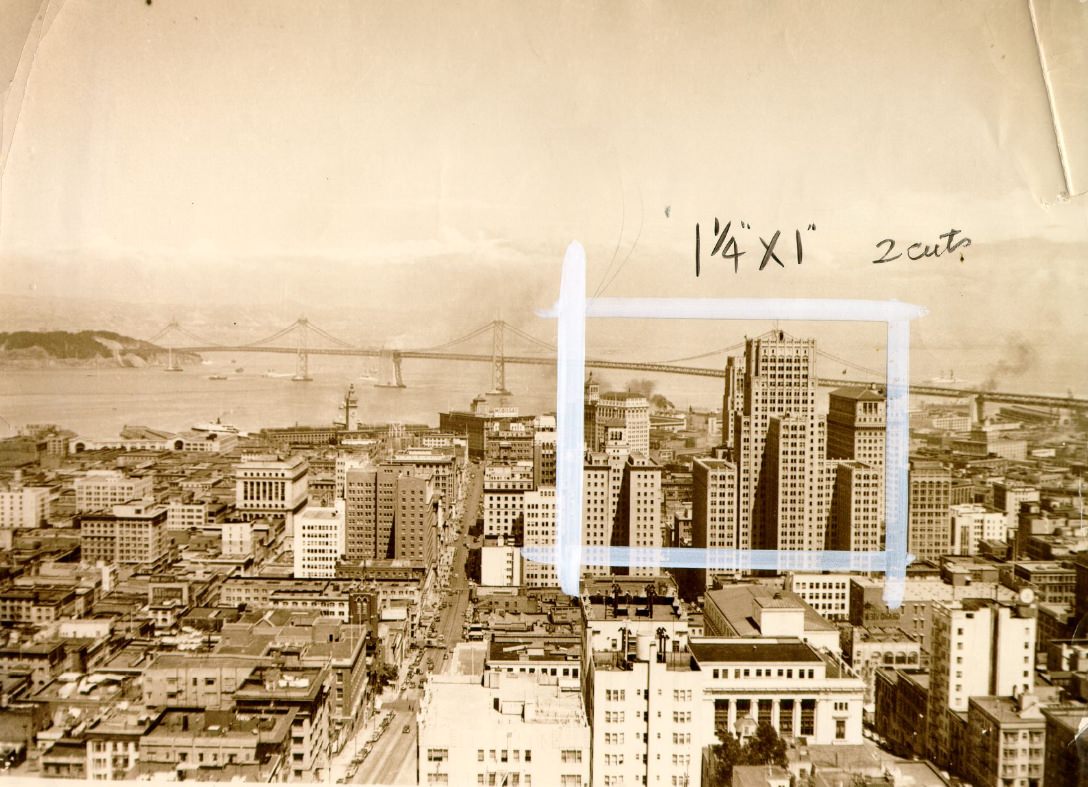 View of downtown San Francisco and Bay Bridge, 1954.