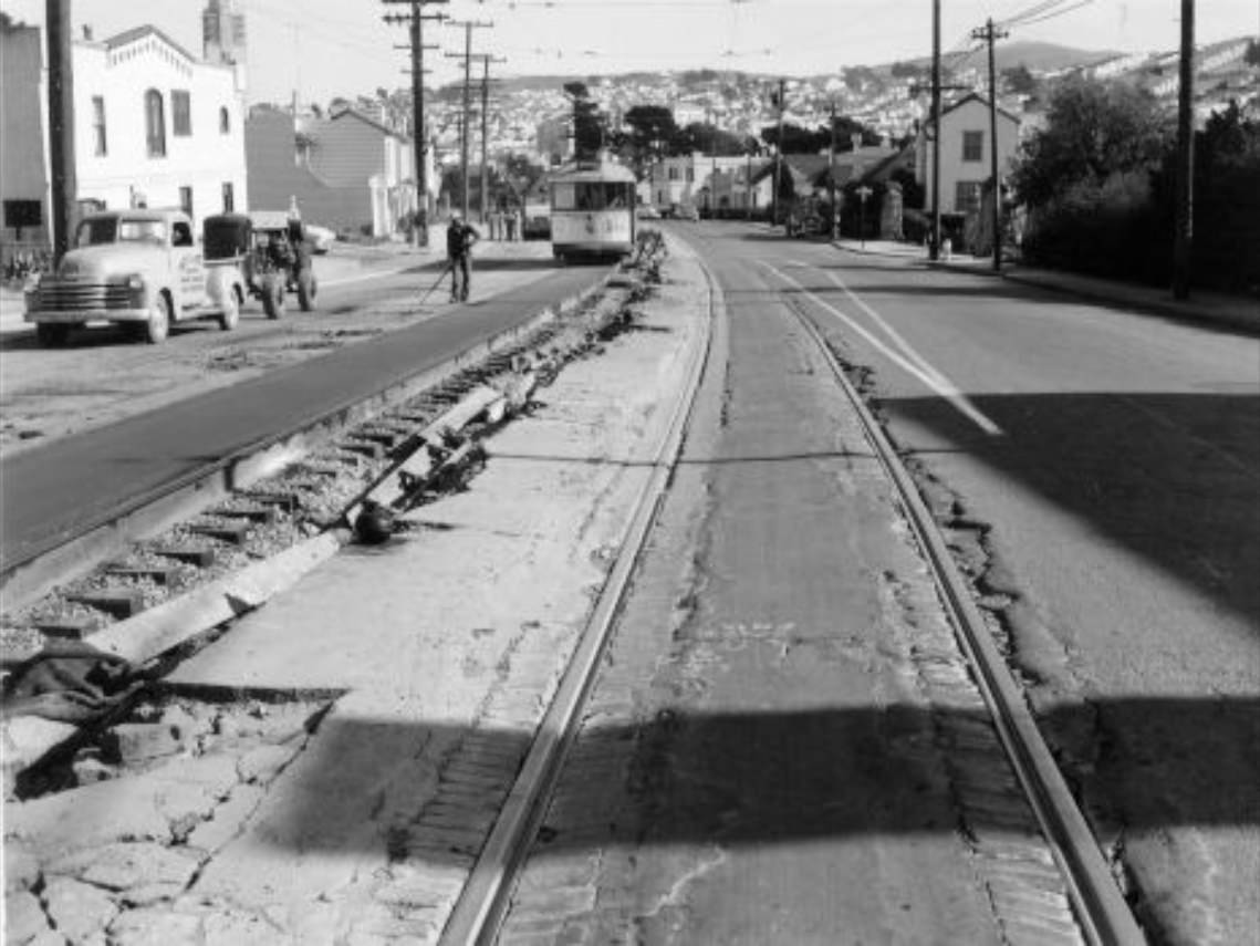 Road construction on Ocean Avenue at Cedro, 1951.