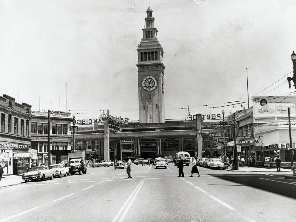 View of the Ferry Building from Market Street, 1958.