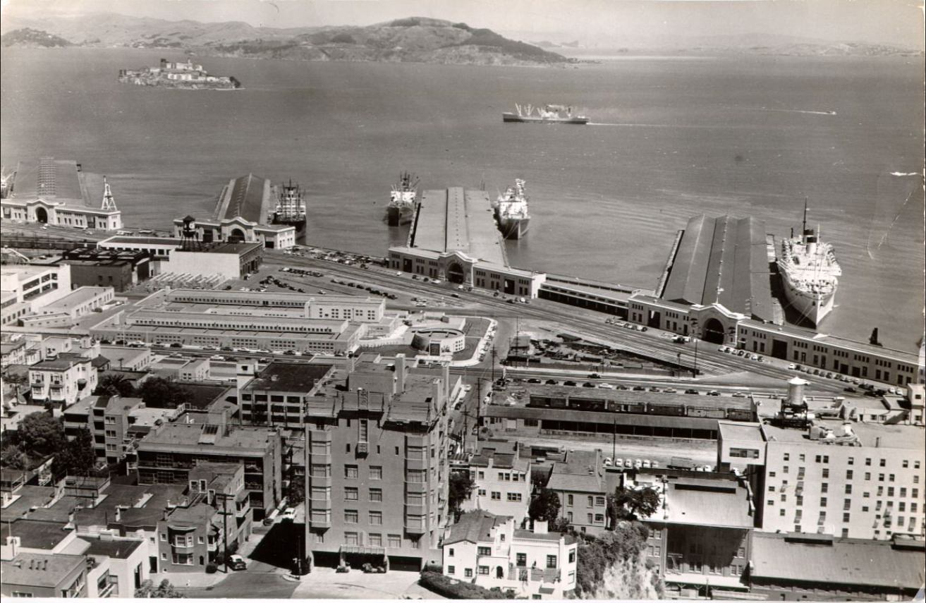 View of the San Francisco waterfront from Telegraph Hill, circa 1952.