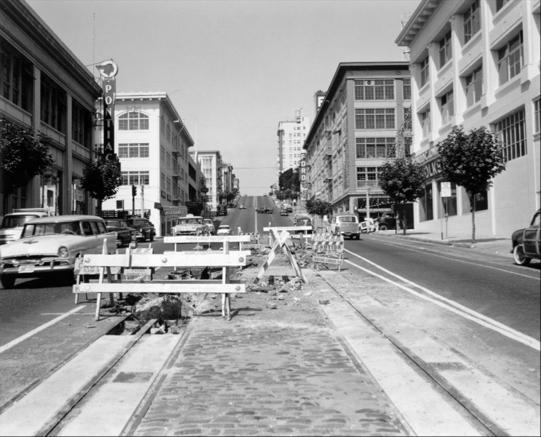 View west on California Street at Van Ness, 1957.