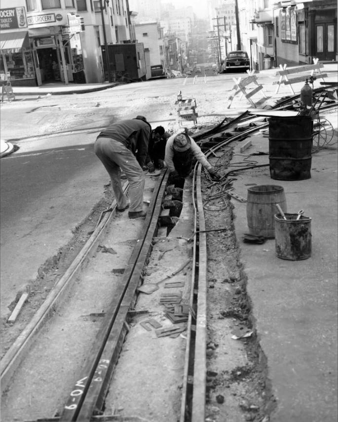 Track construction at Hyde and Jackson streets, 1956.