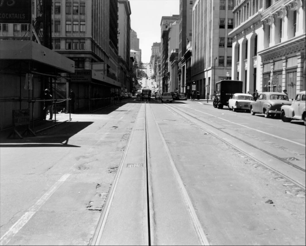View west on California near Front, 1958.