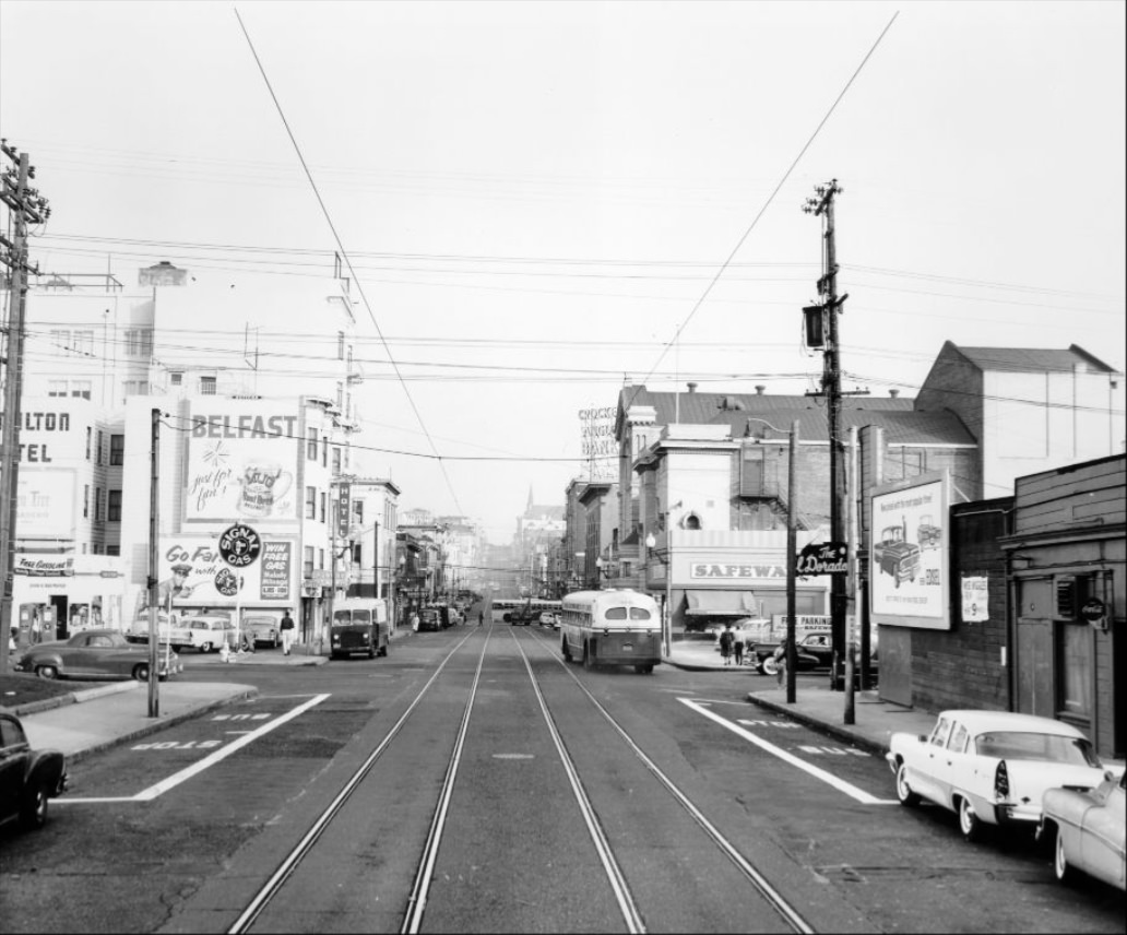 Geary at Steiner Street, looking east, 1958.