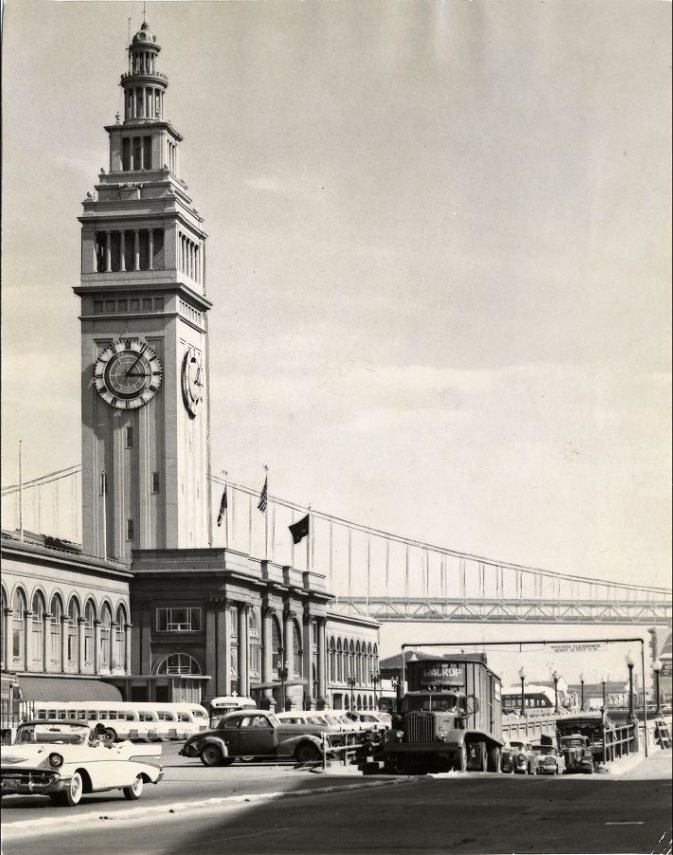 View of the Embarcadero subway in front of the Ferry Building, 1957.