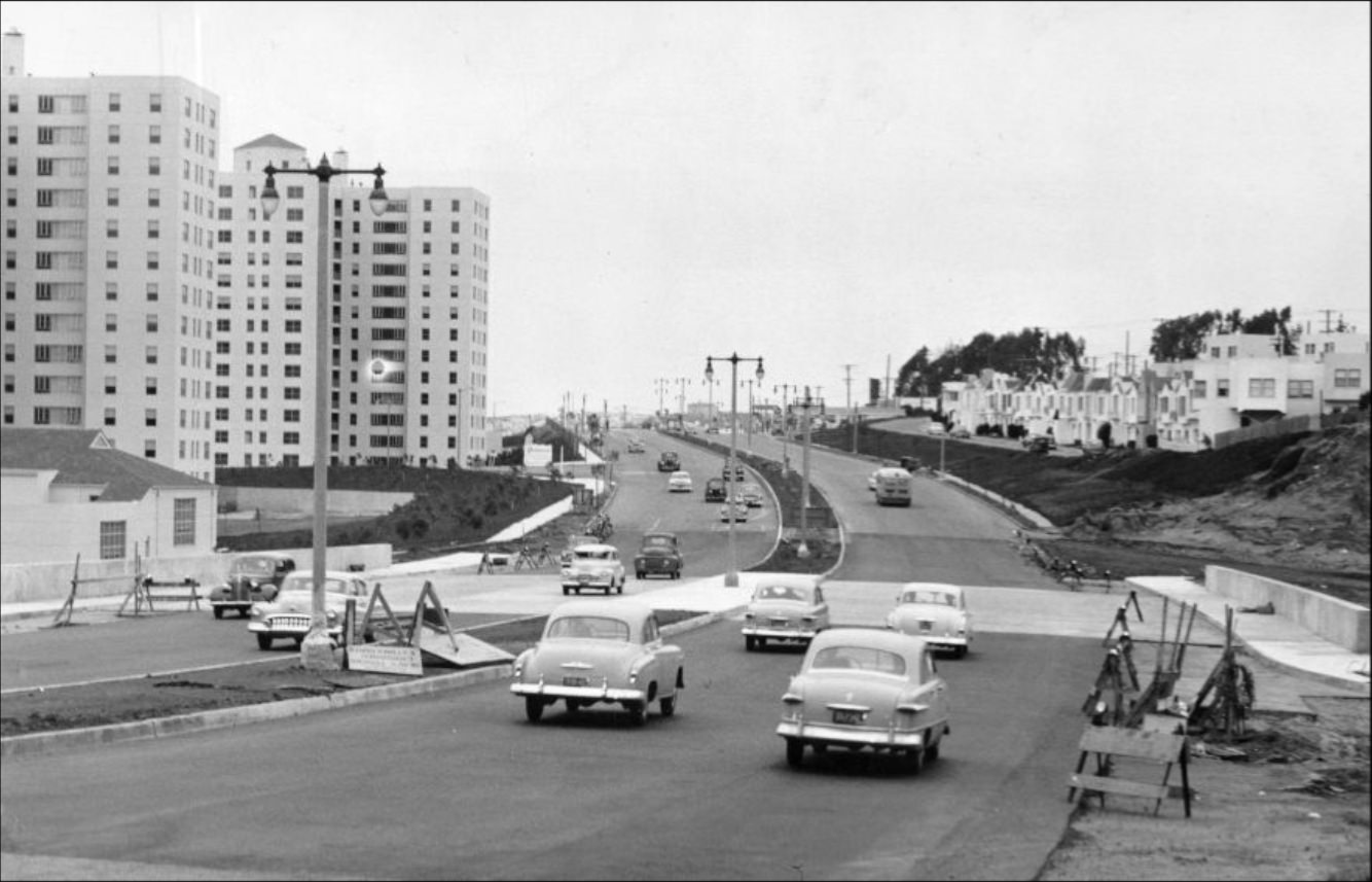 Overpass near Park Merced on Junipero Serra Boulevard, 1952.