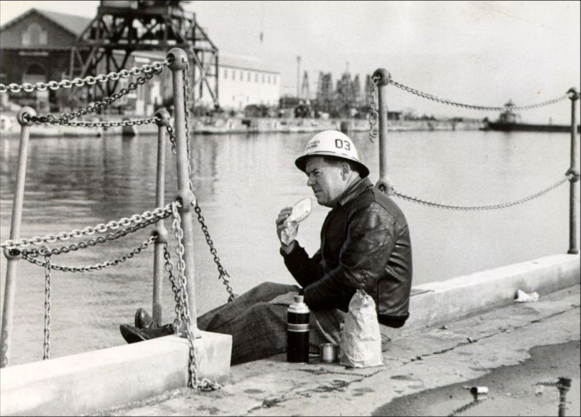Clayton Hubacher eating lunch at the San Francisco Naval Shipyard, 1953.