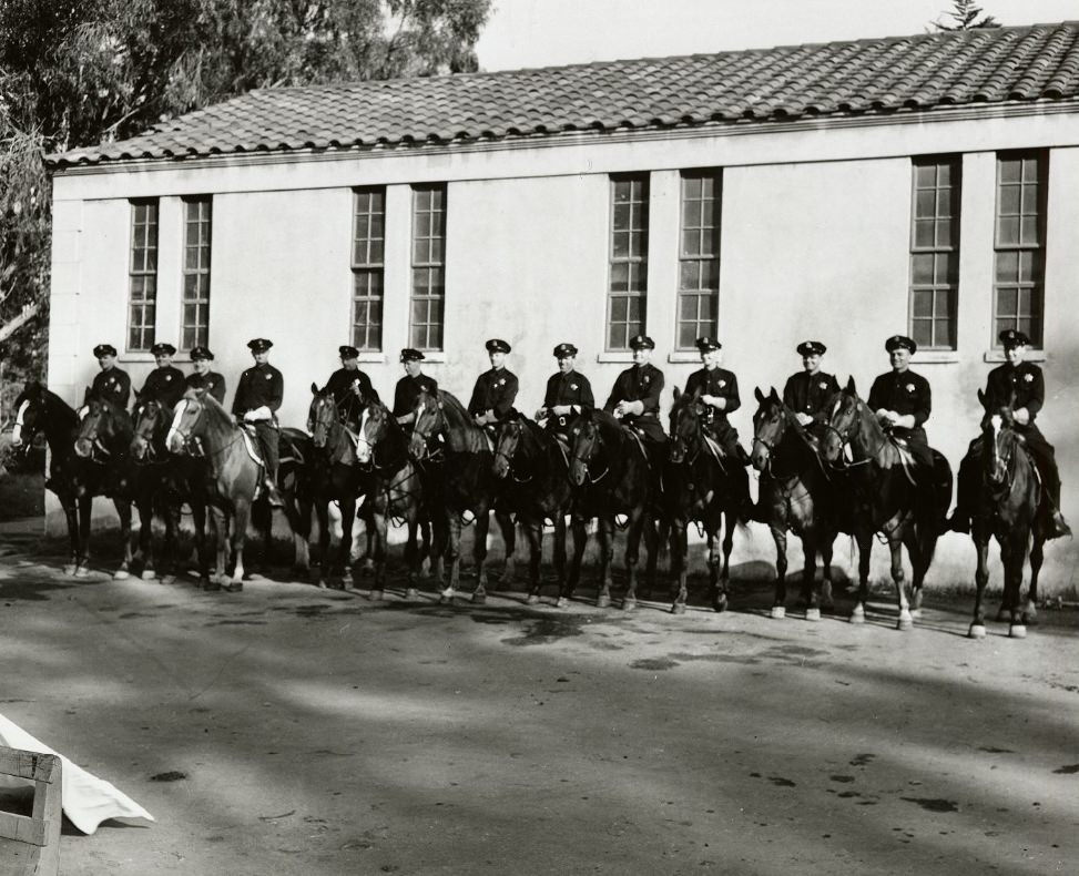 San Francisco Police Department mounted policemen by the SFPD stables in Golden Gate Park, 1950s.