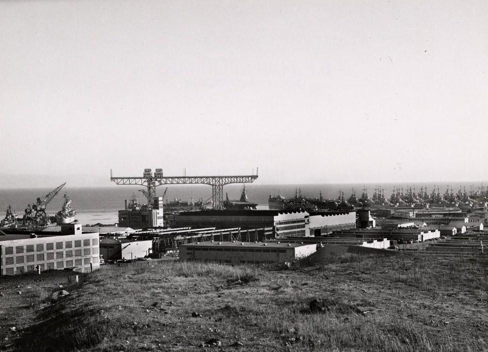 The Hunters Point Naval Shipyard featuring the world's largest crane, circa 1957.