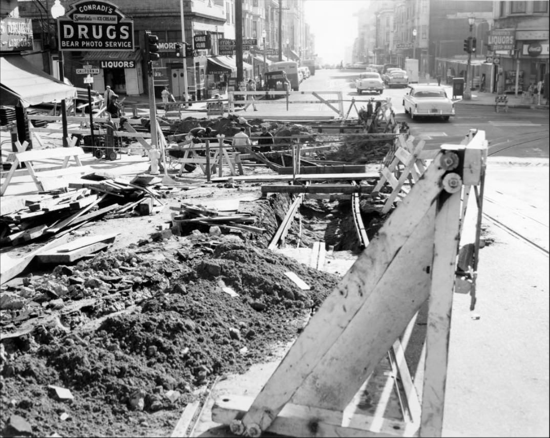 Track construction at California and Hyde streets, 1957.