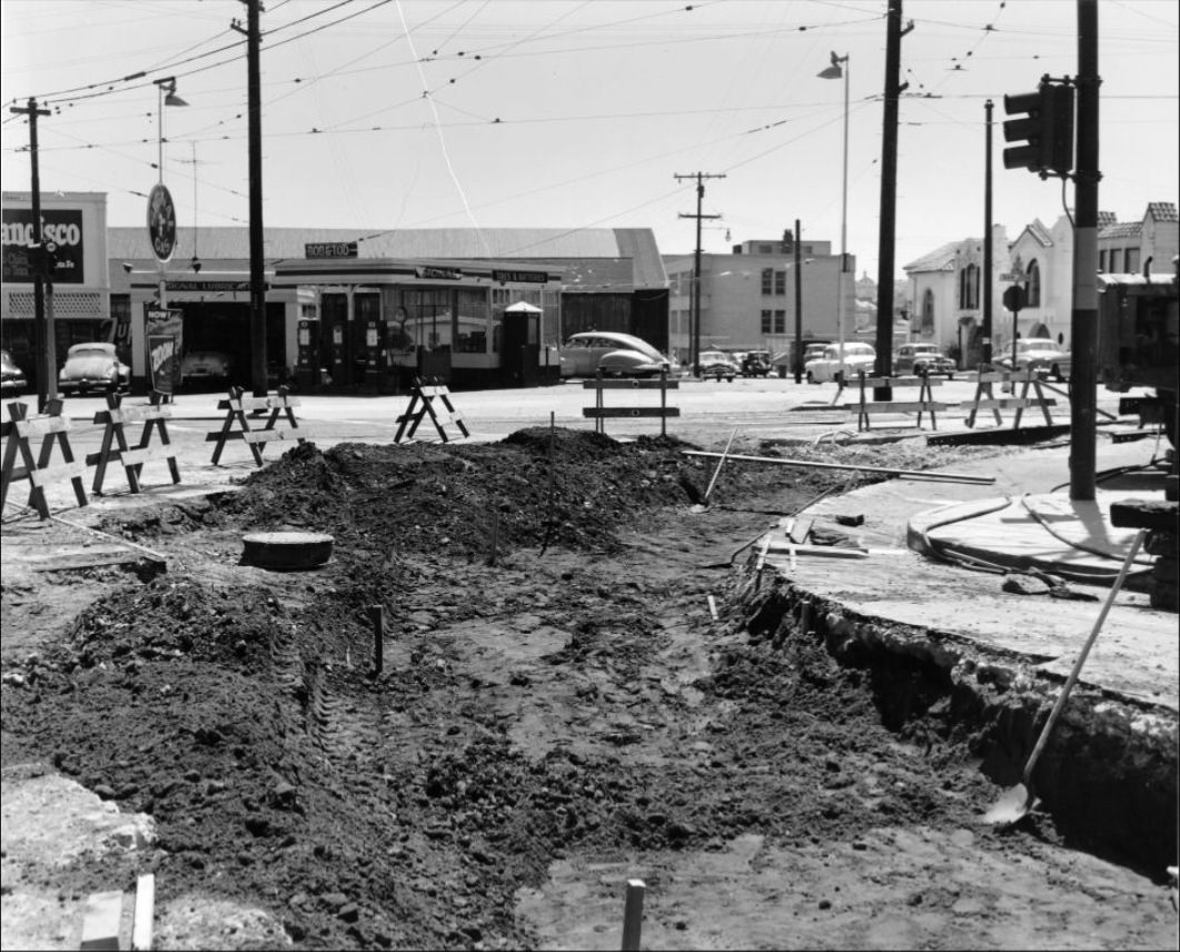 Road construction at Ocean Avenue and San Jose, 1954.