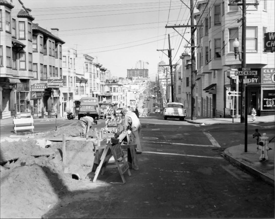 Track construction at Hyde and Jackson Streets, 1956.