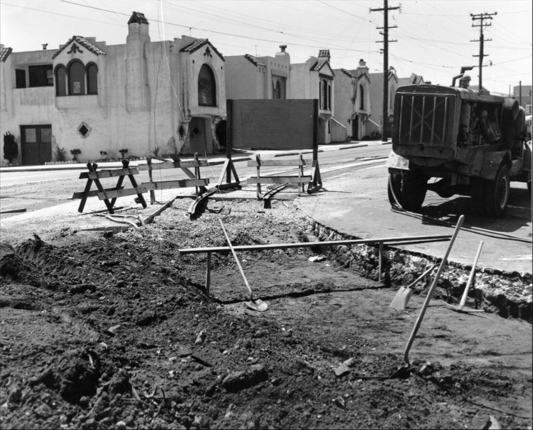 Road construction at Ocean Avenue and San Jose, 1954.