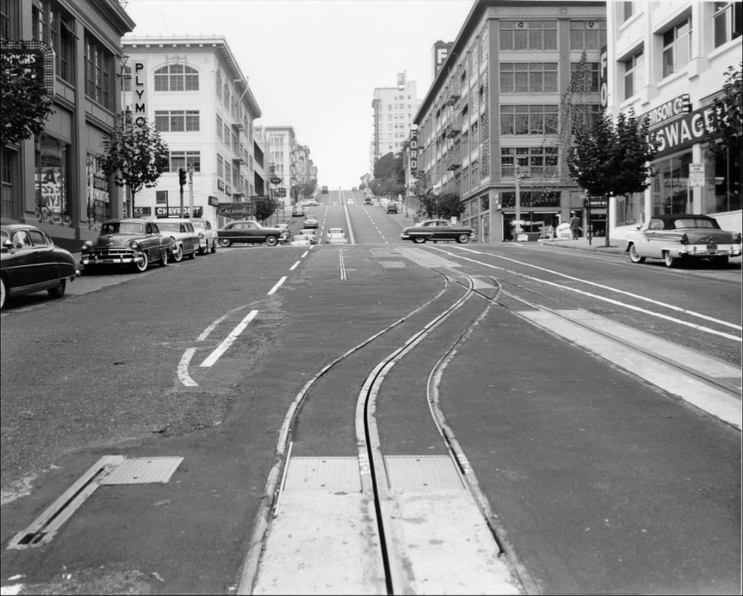 View west on California Street at Van Ness, 1957.