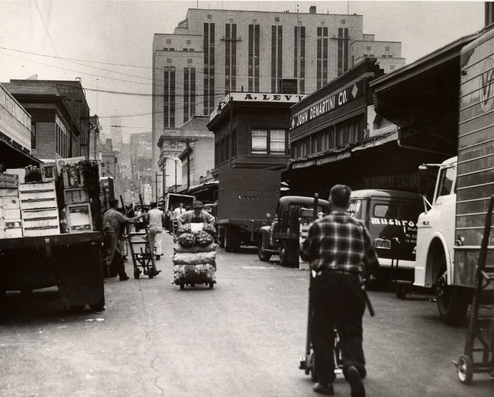 Deliveries to produce markets on Washington Street near Davis, 1957.