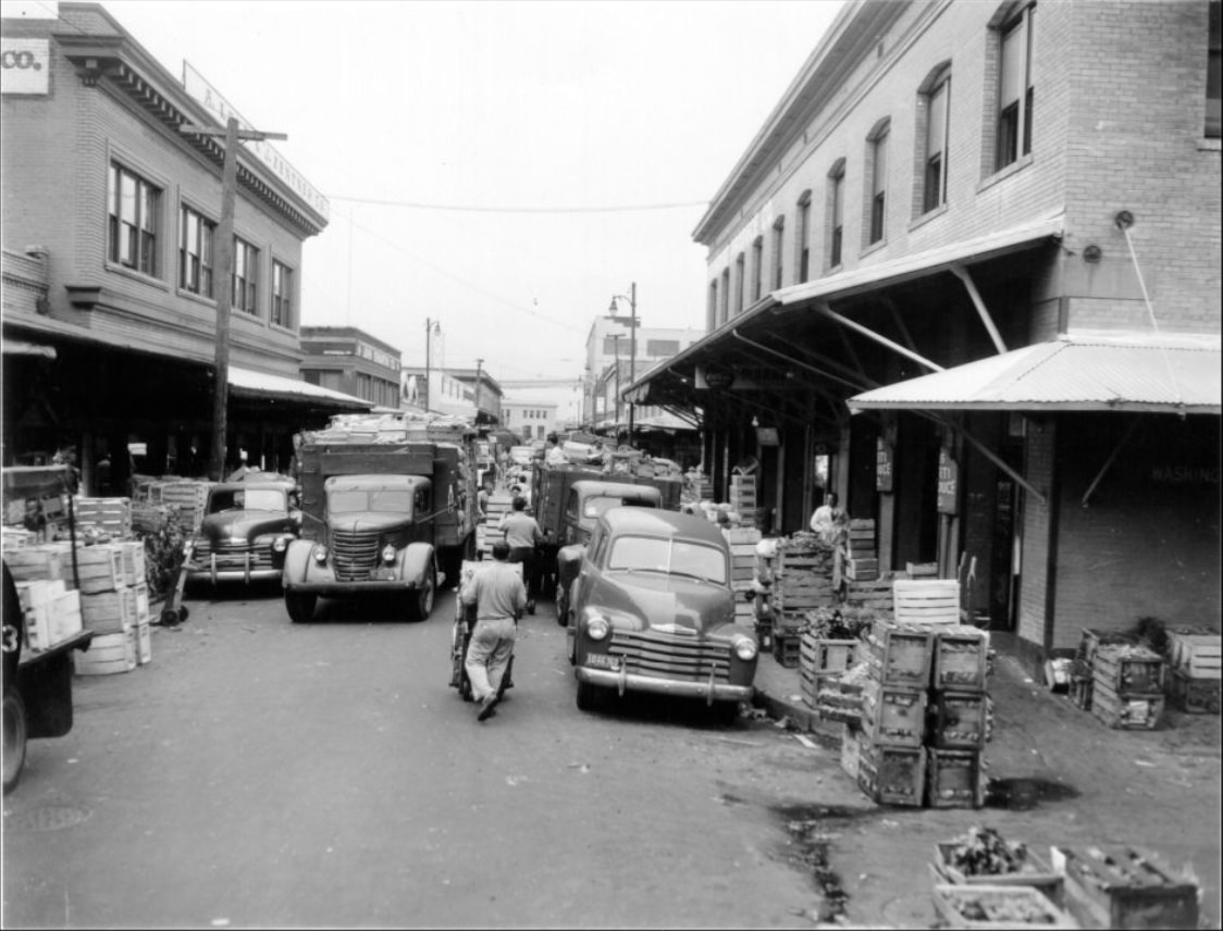 Deliveries to produce markets on Washington Street, circa 1950s.