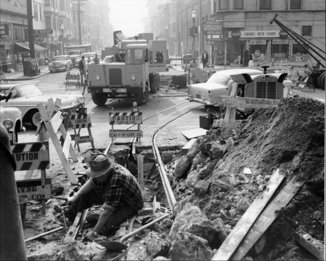 Track construction at Hyde and California streets, 1957.