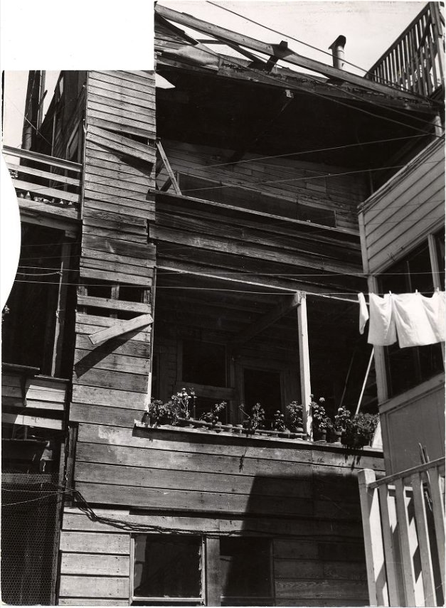 Rear view of an apartment building on Telegraph Hill, 1952.