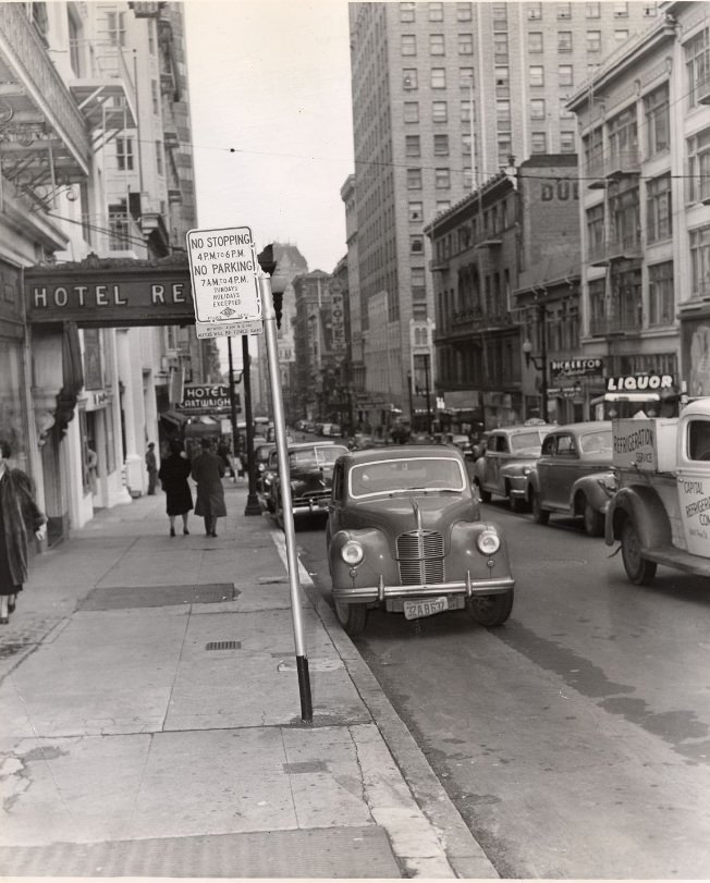Car parked illegally on Sutter near Powell Street, 1950.