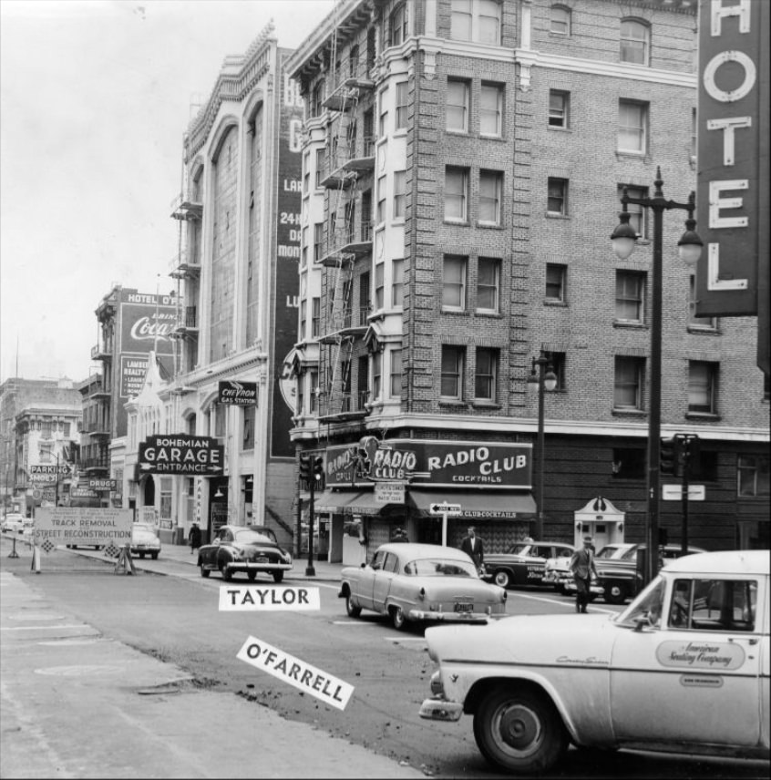 Southeast corner of Taylor and O'Farrell streets, 1955.