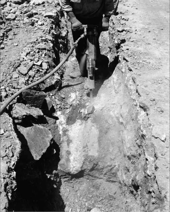 Drilling concrete on Mason Street between California and Sacramento, 1957.