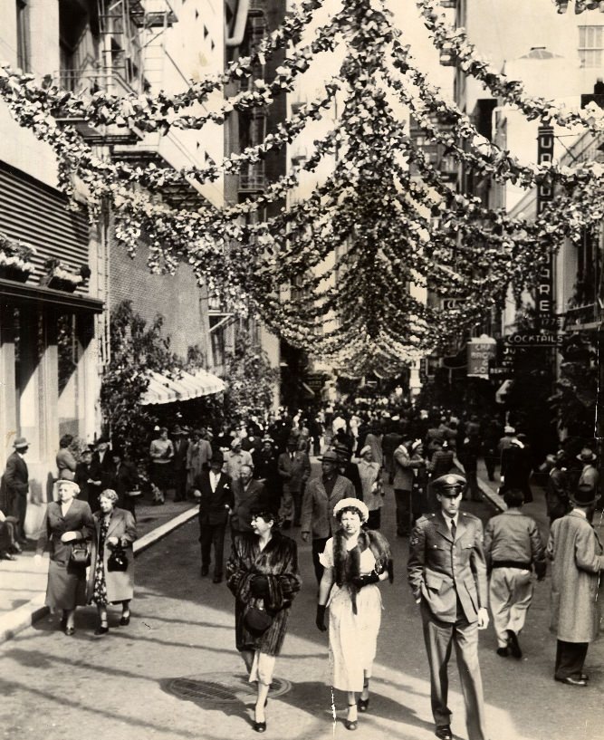 A crowd on Maiden Lane during the Spring Festival, 1951.