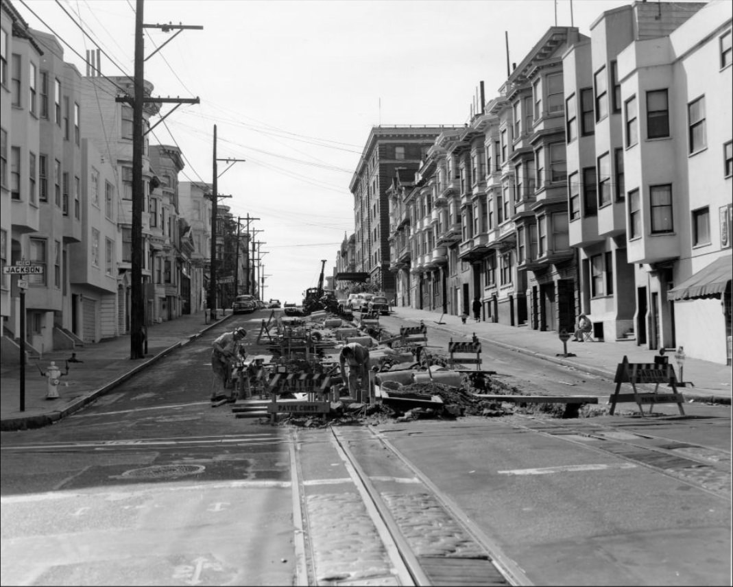 Track construction at Hyde and Jackson Streets, 1956.