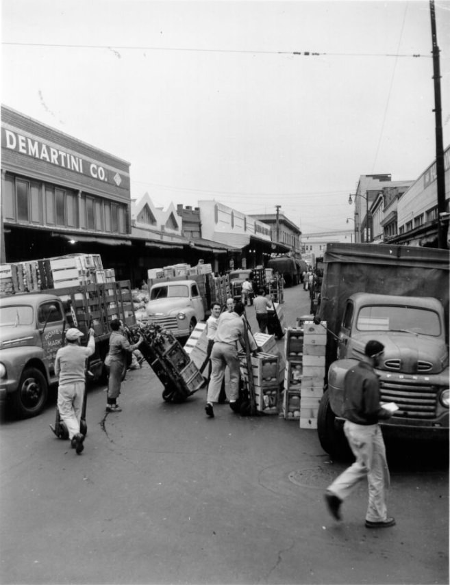 Deliveries to produce markets on Washington Street, circa 1950s.