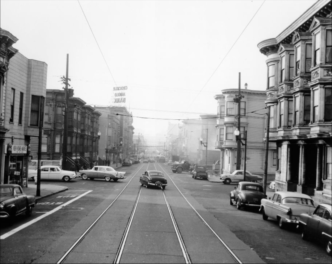 Geary at Webster Street, looking west, 1958.