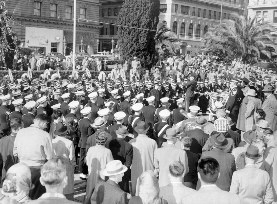 The University of Wisconsin band performs in Union Square, 1952.