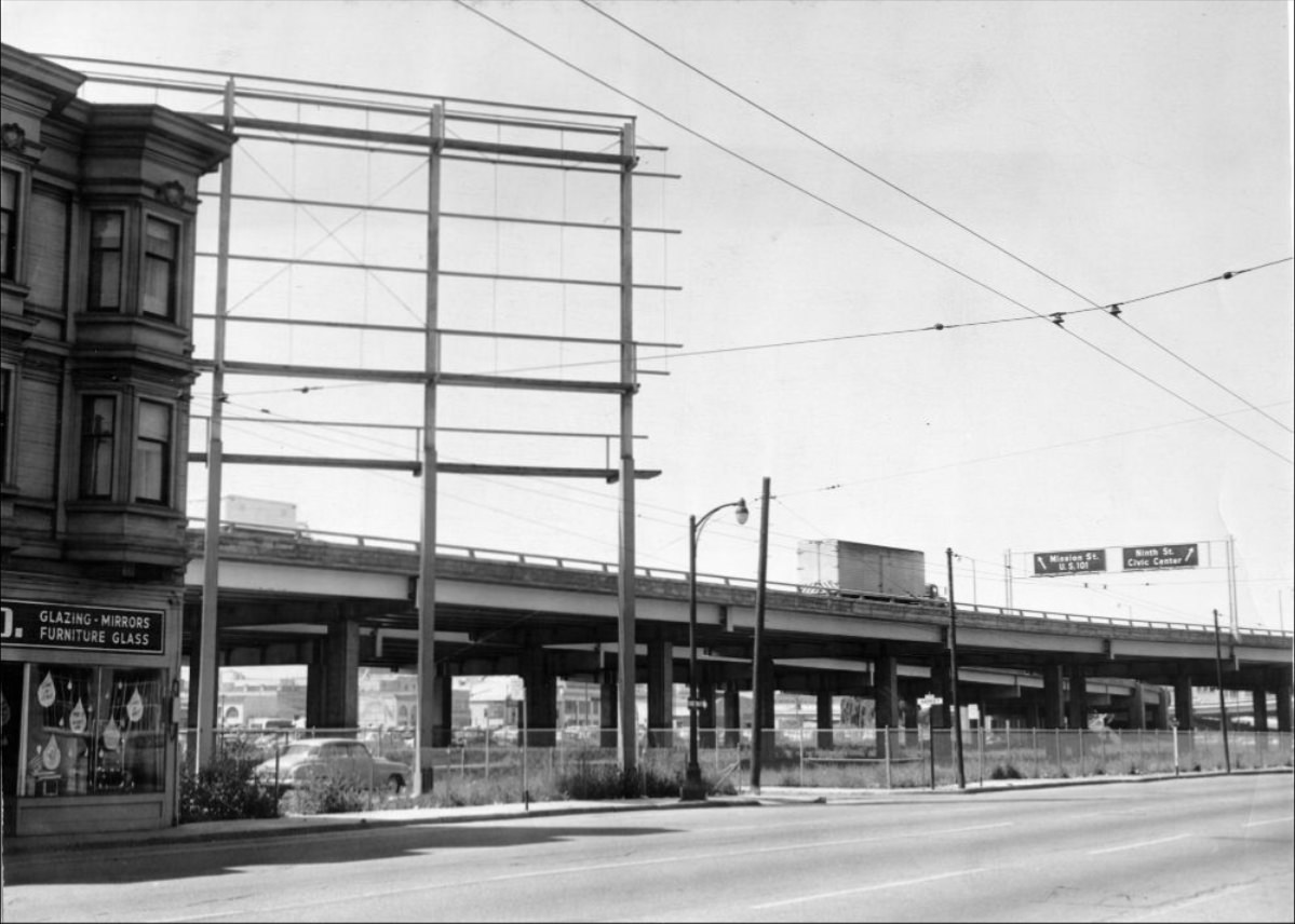 View of Bayshore Freeway from Harrison and Harriet Streets, 1956.