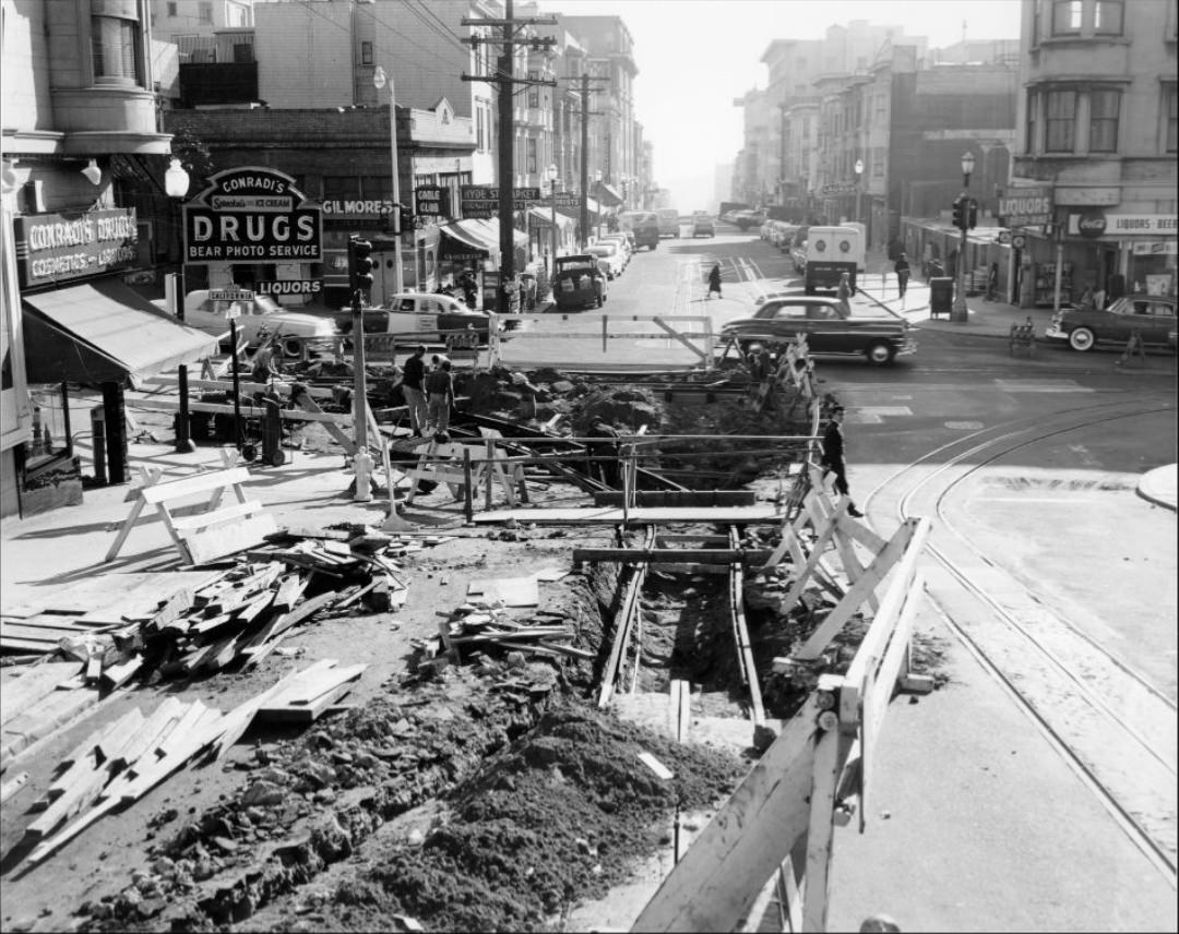 Track construction at Hyde and California Streets, 1957.