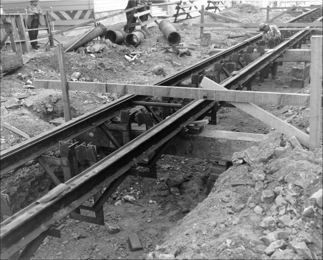Cable car track construction on Mason Street north of Broadway, 1951.
