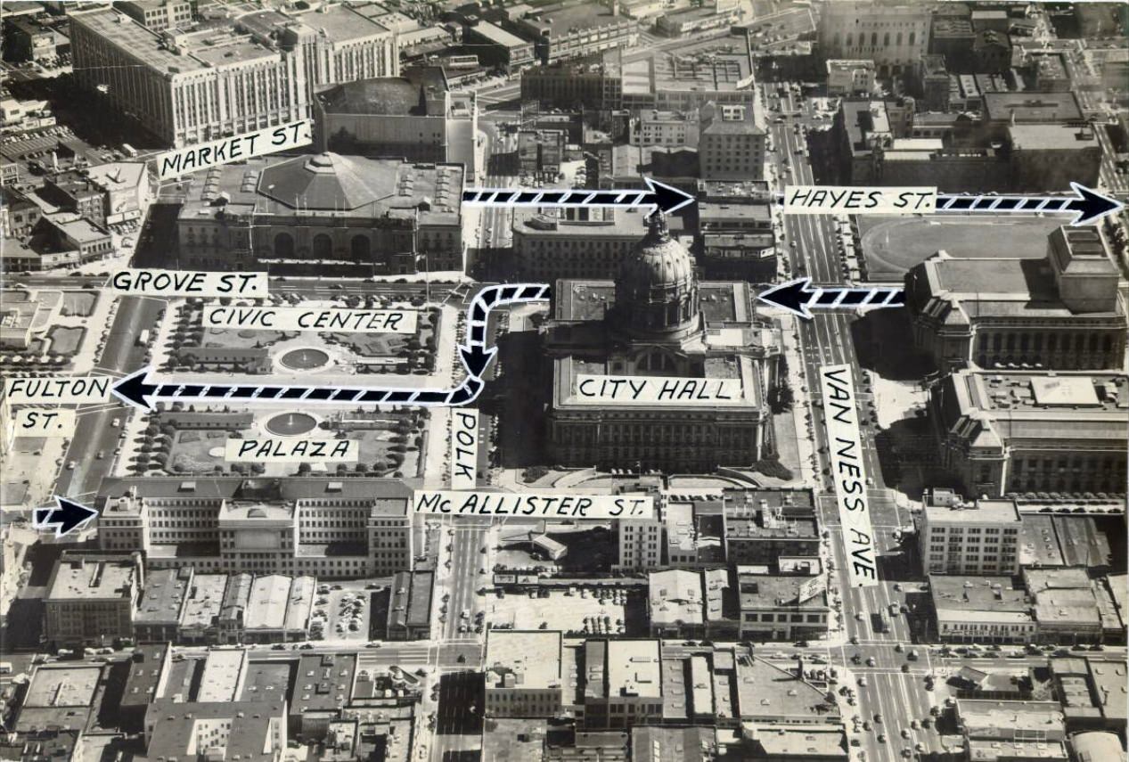 Aerial view of the Civic Center district, 1952.