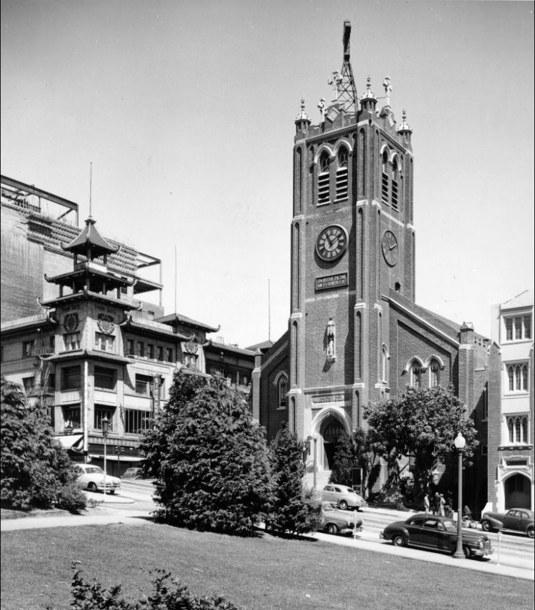 Old St. Mary's Church and a Chinese pagoda, circa 1957.