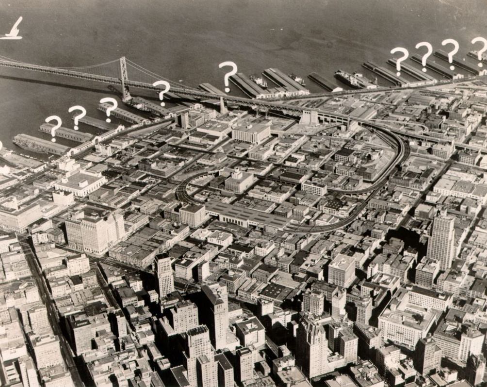 Aerial view of the South of Market area and the Bay Bridge, 1950.
